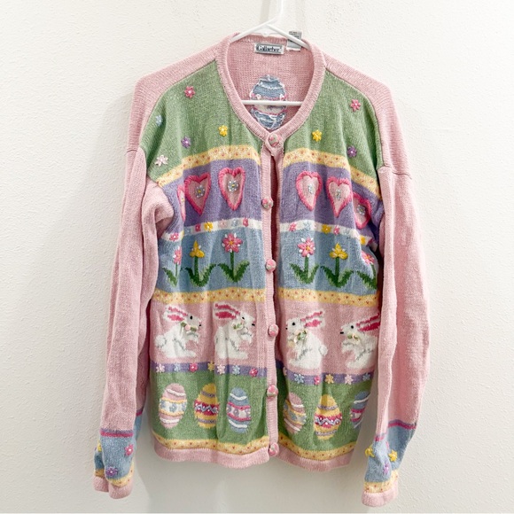Vintage Cottagecore Grandmacore Fairy Coquette Bunny Pastel Knit Cardigan L - Picture 4 of 6